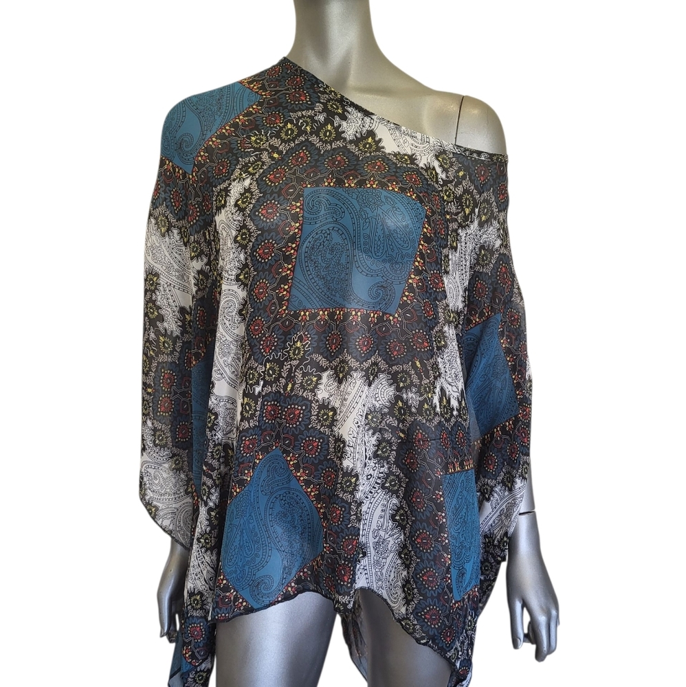 NWT 164B. Kaktus Blue and Black Paisley Shrug Poncho - Size L/XL